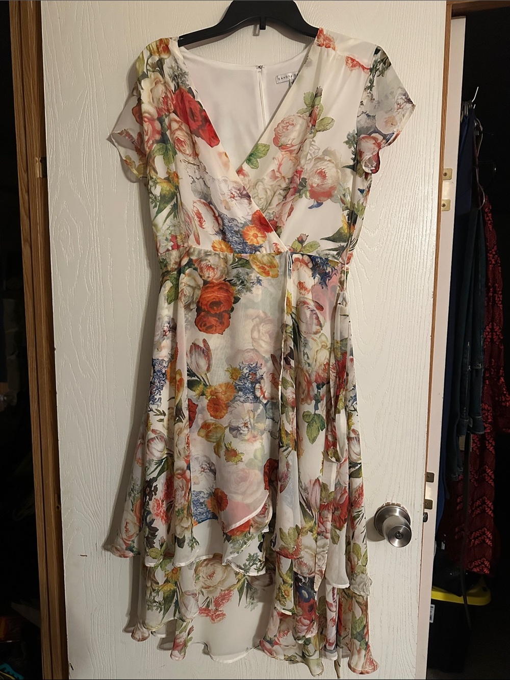 Floral V-Neck Chiffon Midi Dress in Ivory and Multi